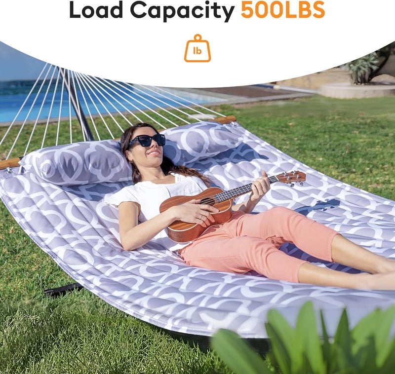 Everyfun Double Hammock with Spreader Bar,Soft Pillow,Max Load 500lbs,Portable Hammock for Outdoor,Camping,and Backyard,White Gray - Image 2